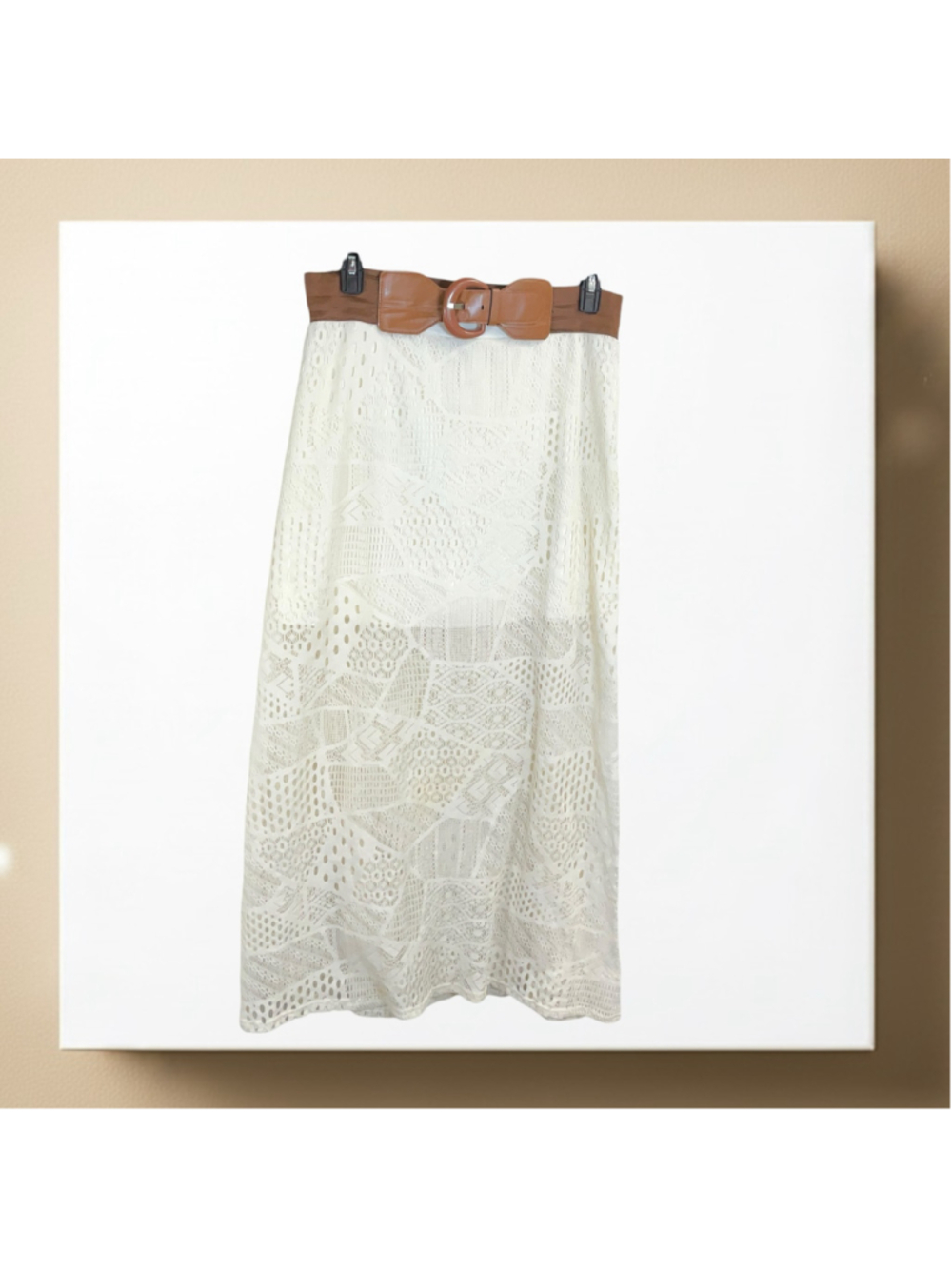 Rue 21 Cream Ivory Lace Polyester Maxi Skirt w Brown Faux Leather Belt Women XL